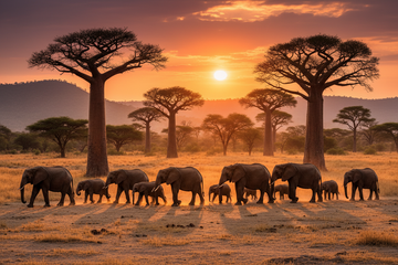 Herds of elephants roaming among ancient baobab trees