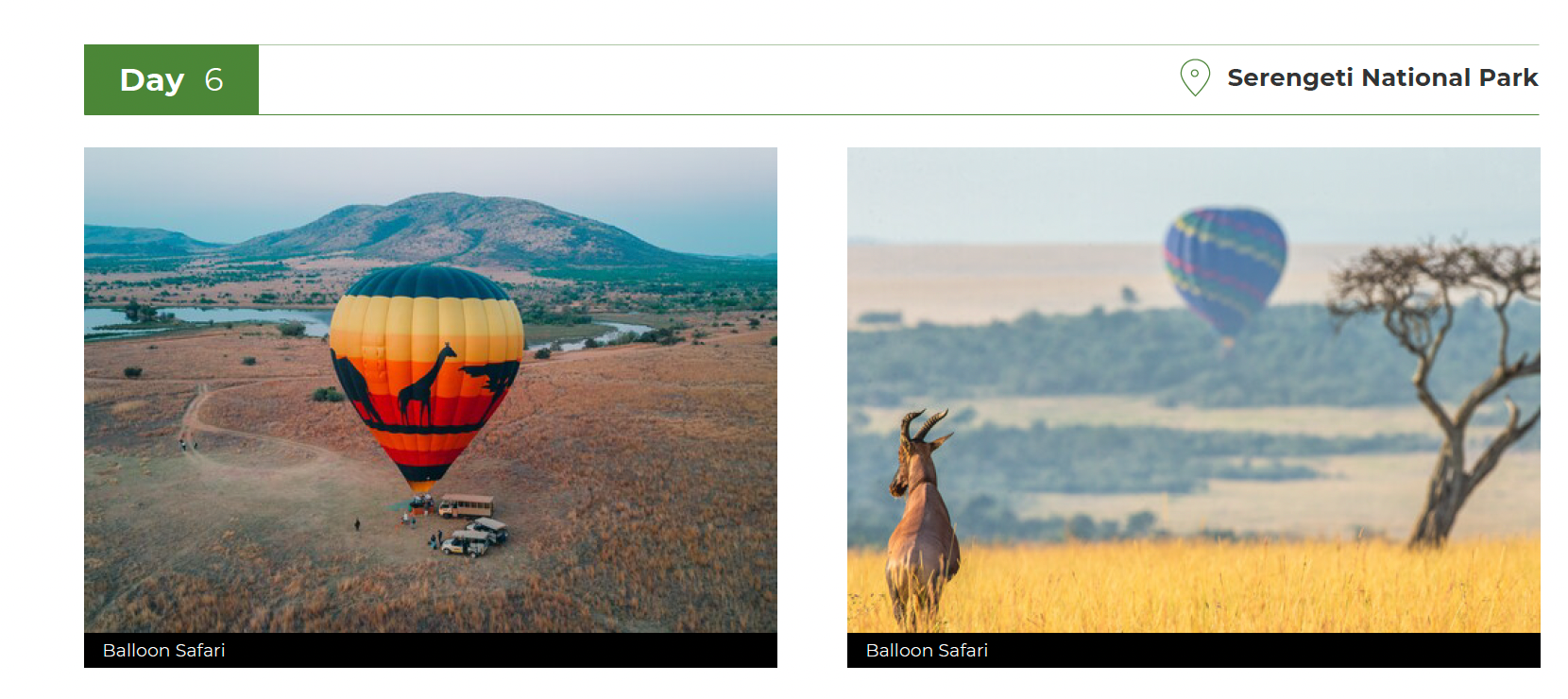 Two images of hot air balloons over Ngorongoro Crater landscape with mountains in the background.