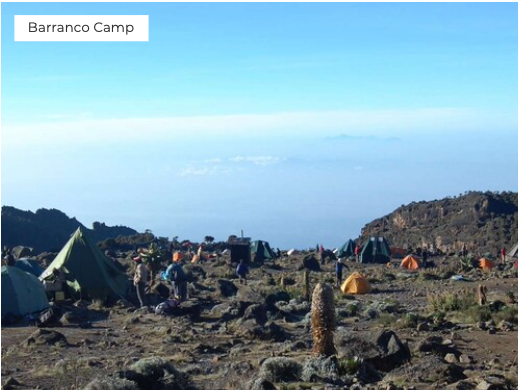 Barranco Camp with tents and people at Mount Kilimanjaro.