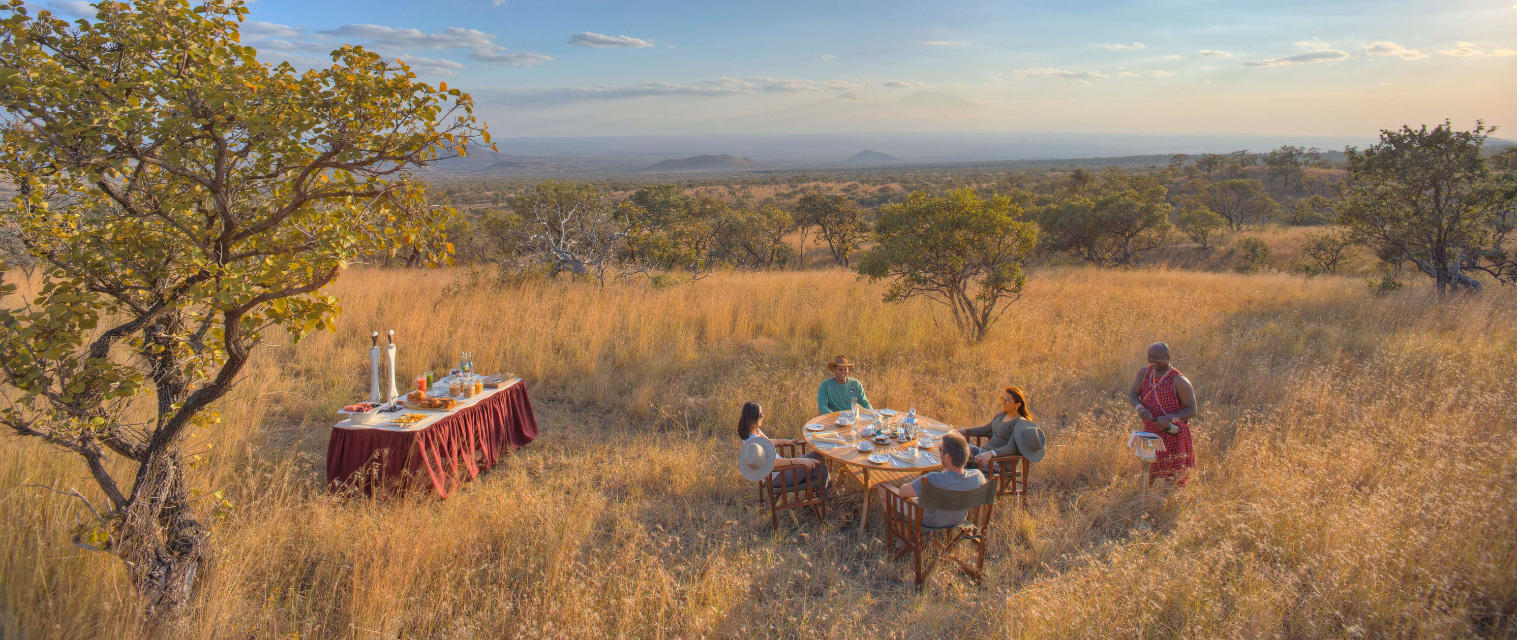 Guests having outdoors breakfast in a scenic, open landscape with trees and a clear sky.