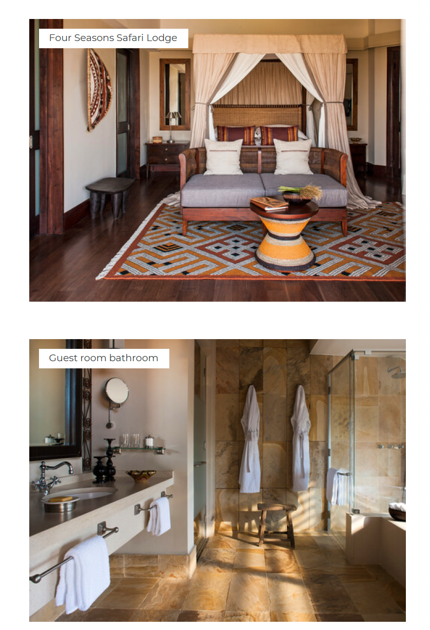 Top: Luxury bedroom with canopy bed and wooden furniture. Bottom: Guest room bathroom with stone walls and shower.
