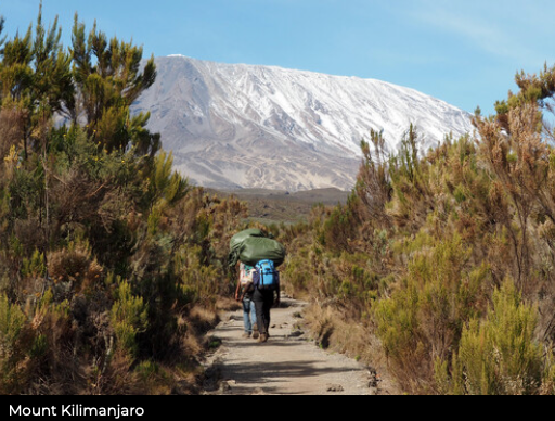 Two hikers with backpacks walking on a path towards Mount Kilimanjaro.