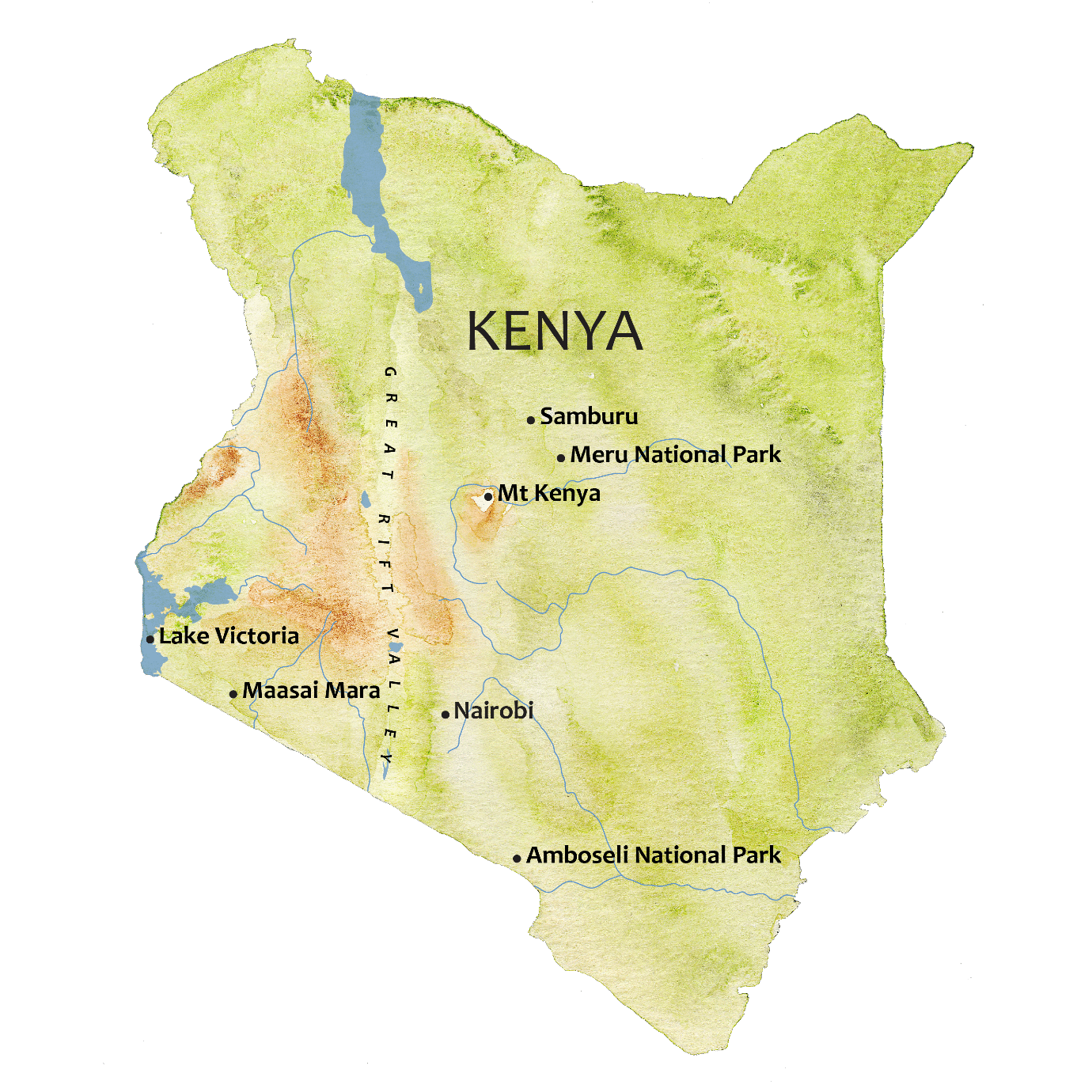 Map of Kenya with key tourist locations labeled on a green background