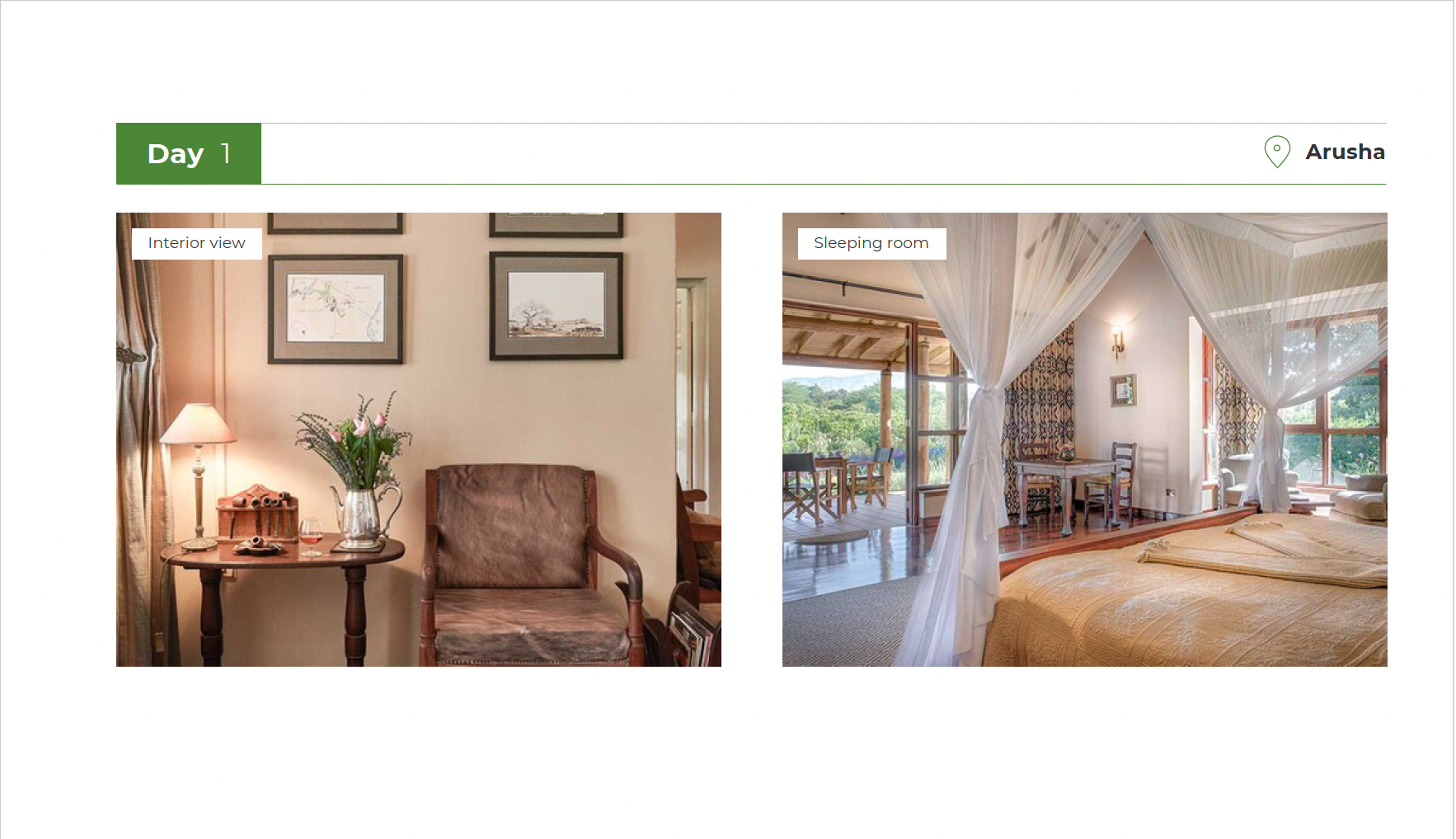 Legendary Lodge interior and sleeping room views of a hotel room in Arusha.