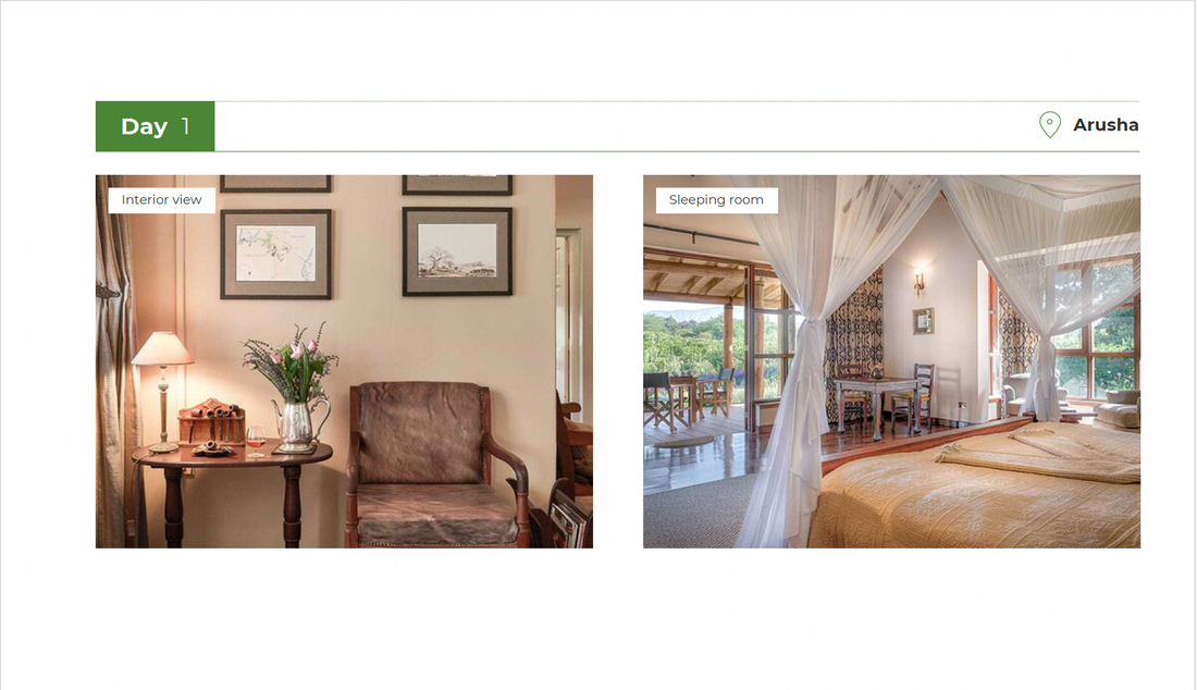 Two images showing interior and sleeping room views of a hotel room in Arusha.