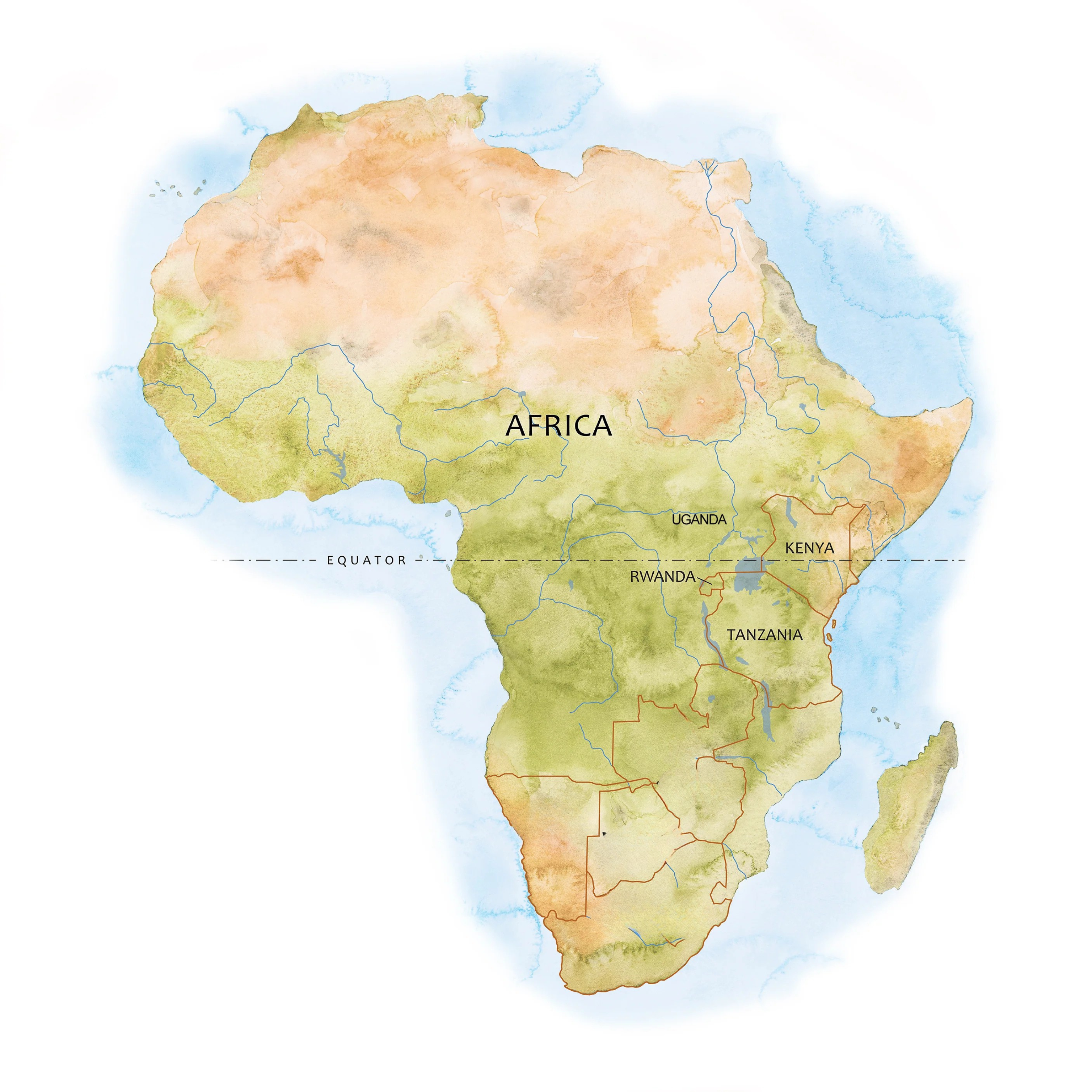 Map of Africa with labeled 4 countries on a white background where we operate