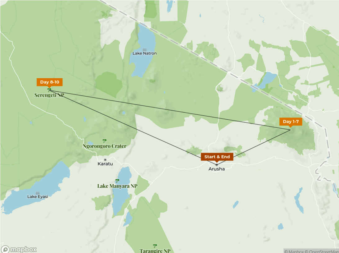 Map of a route with labeled points and directions on a green and white background