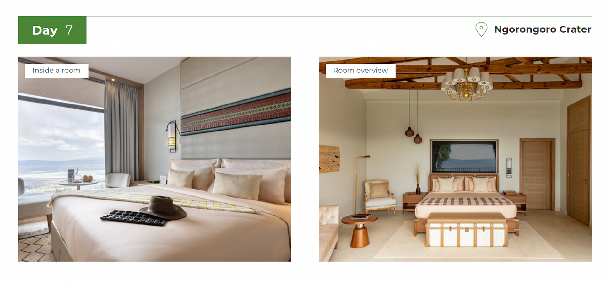 Two hotel room interiors with large windows and modern decor.