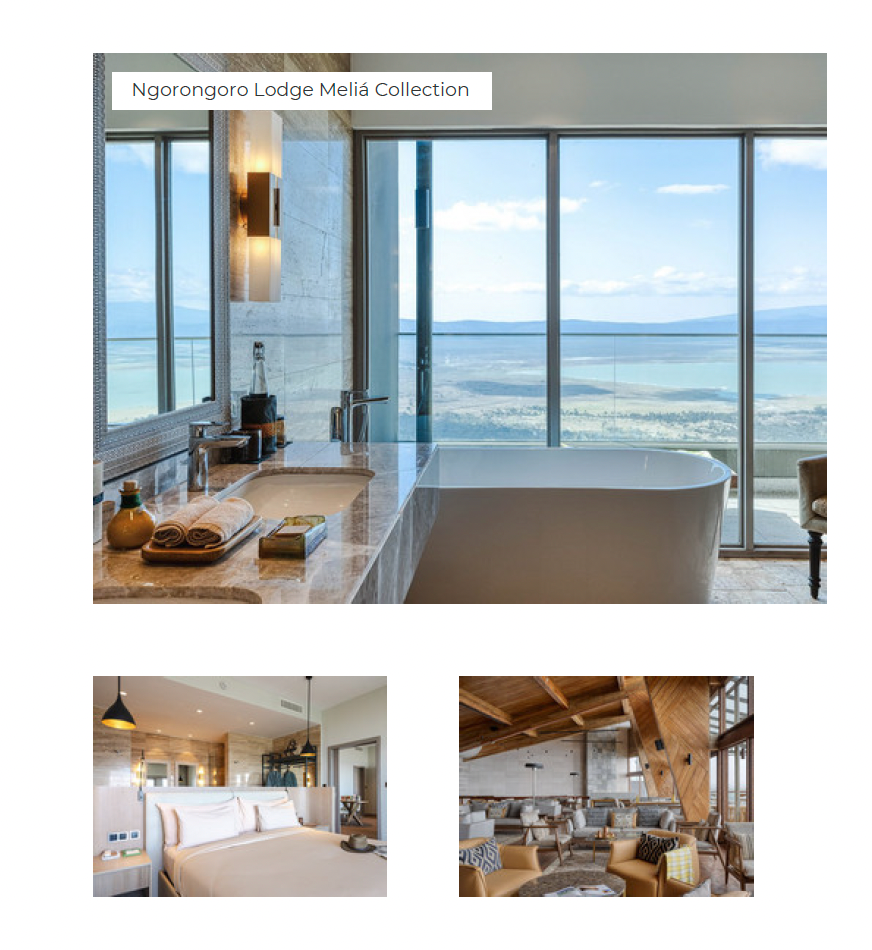 Bathroom with large windows overlooking a scenic view, featuring the Ngorongoro Lodge Melia Collection.