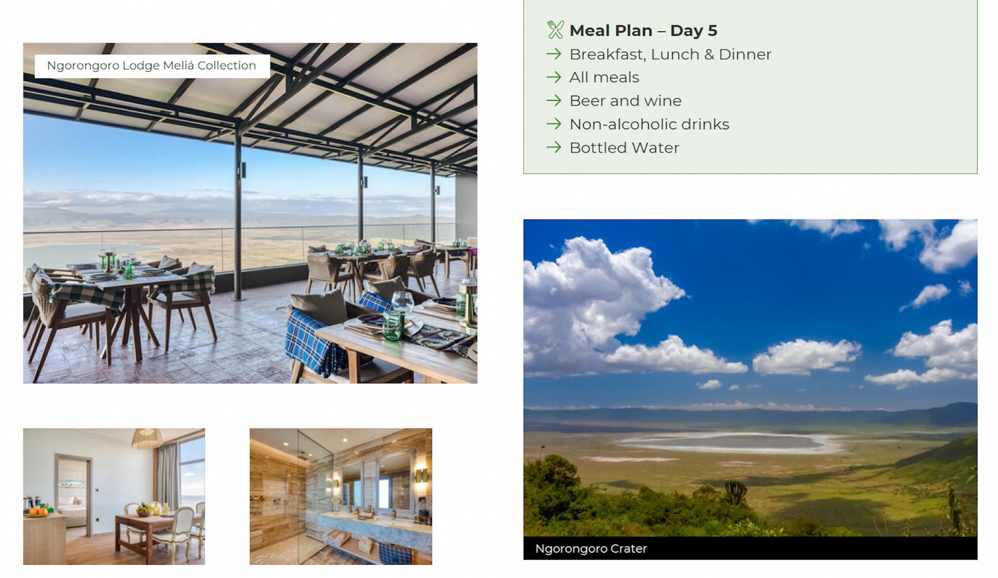 Ngorongoro Lodge Melia Collection with outdoor dining area and interior views, alongside a scenic view of the Ngorongoro Crater.