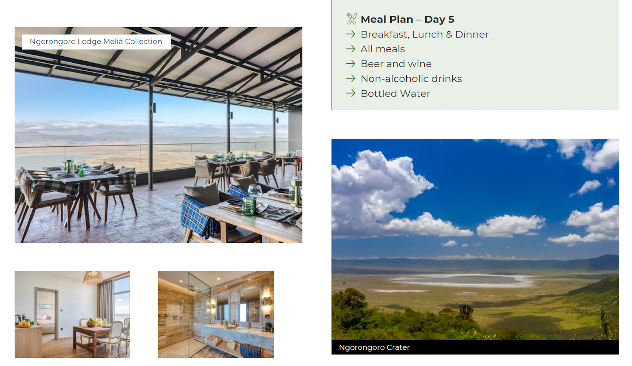 Ngorongoro Lodge Melia Collection with outdoor dining area and interior views, alongside a scenic view of the Ngorongoro Crater.