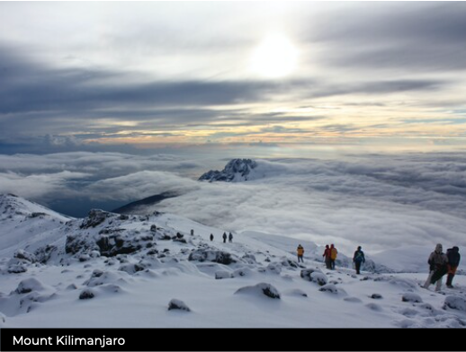 People standing on a snowy mountain with a cloud sea view, labeled 'Mount Kilimanjaro'.