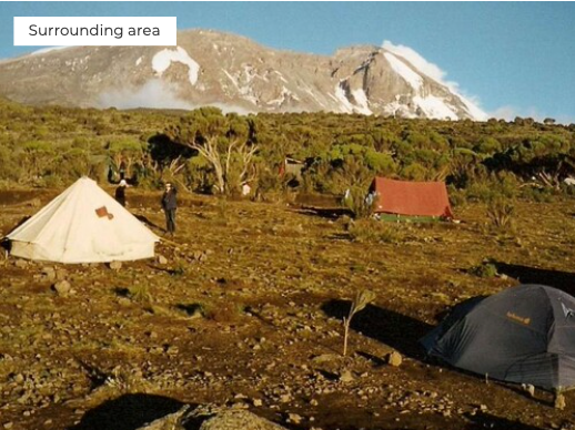 Tents set up in a field with a mountain in the background