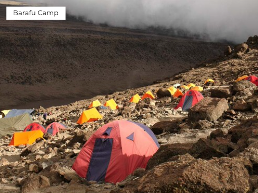 Tents set up on a rocky mountain landscape with 'Barafu Camp' text.